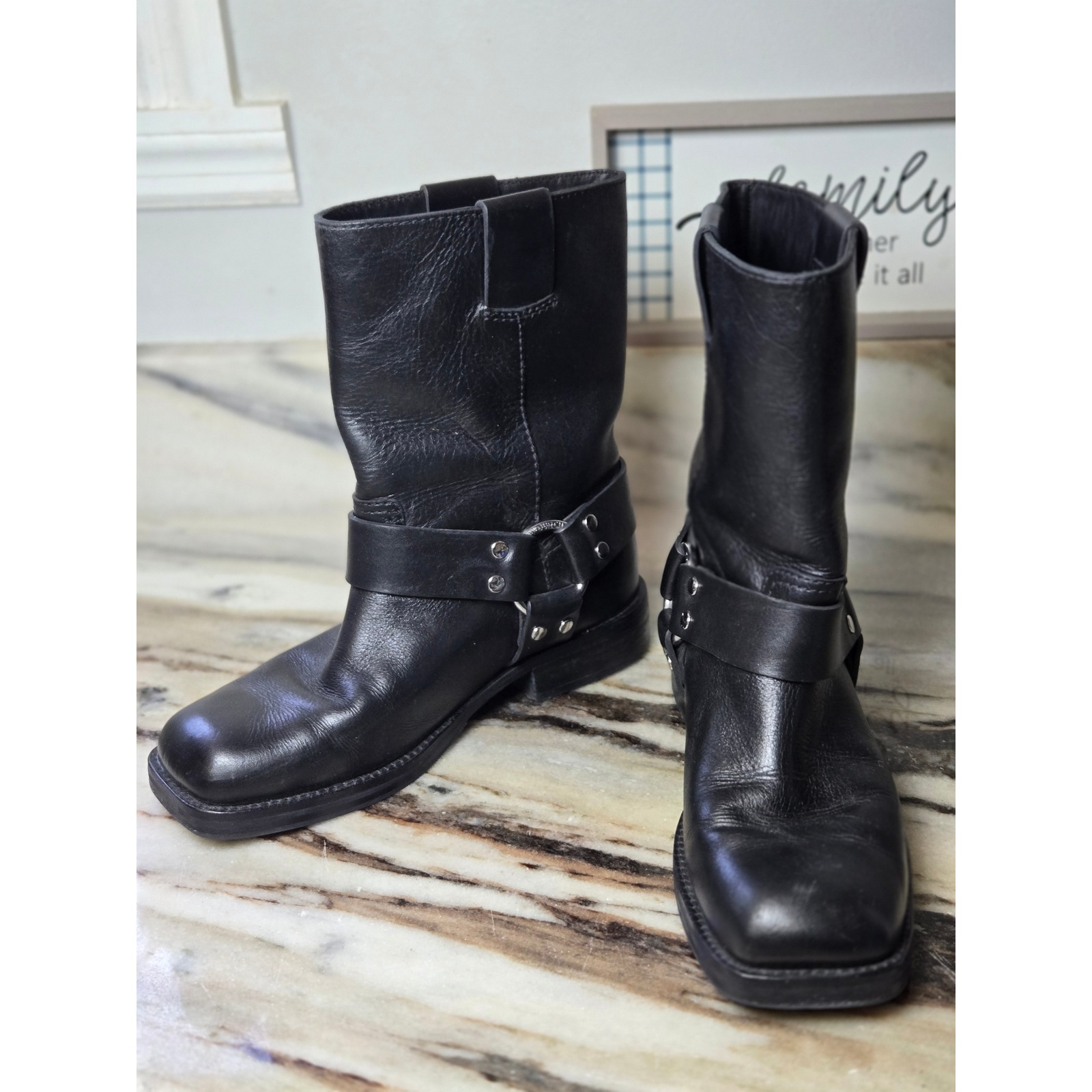 Tory Burch Black Leather Harness Boots Square Toe Moto Biker Mid Calf Boots 6.5